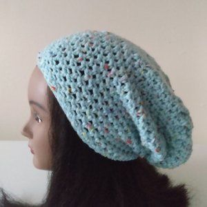SALE! Serenity and Luxe | Light Blue Tweed Crochet Slouch Rasta Boho Beanie | SM